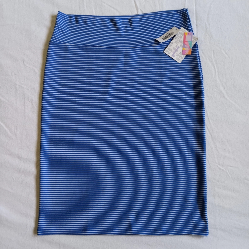 Lularoe NEW Blue Striped Women's Cassie Skirt Sz L SLIGHT PILLIING stretchy